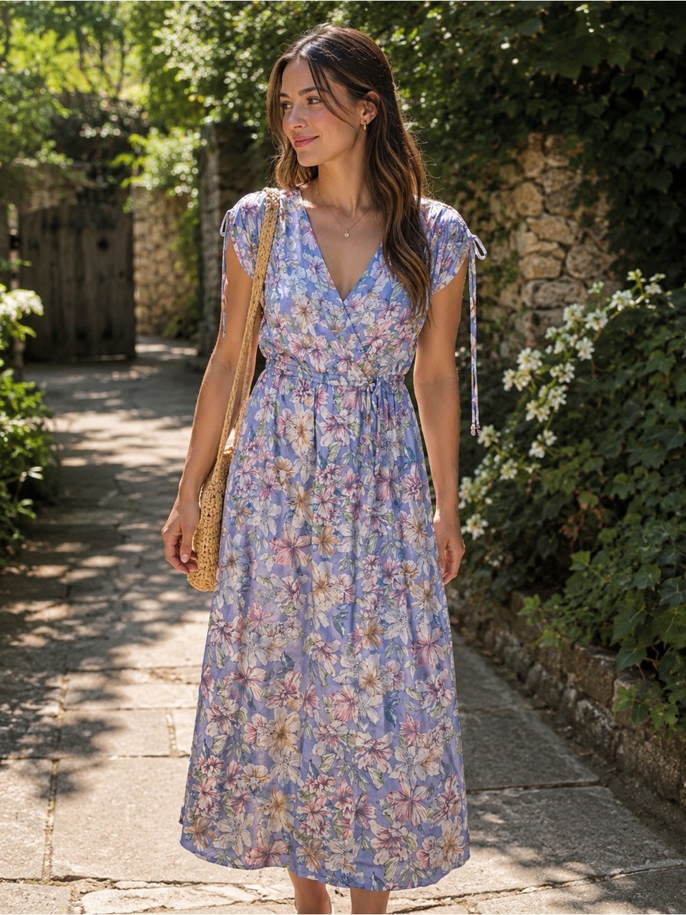 POL Lavender Floral Maxi Dress with Tie-Shoulder